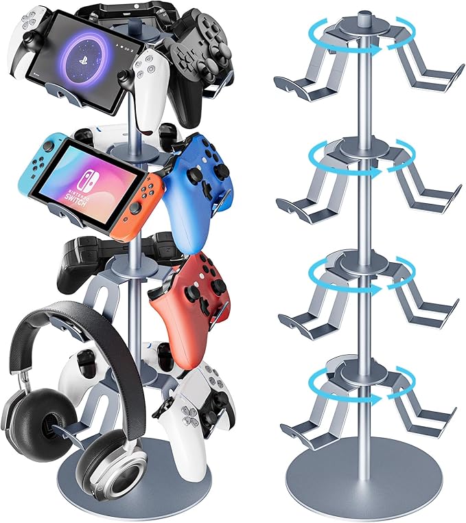 4 Tier Aluminum Alloy Game Controller Stand, Rotatable Gaming Controller Headset Holder Compatible with PS5 Xbox Nintendo Switch PS4, Controller Headphone Stand Organizer Rack for Desk, Grey