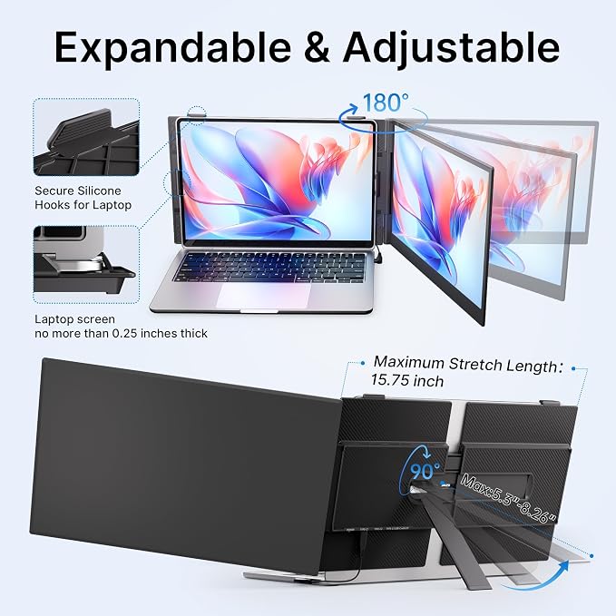 Laptop Screen Extender - Ultra-Thin 1.3lbs 14" FHD IPS Dual Portable Monitor Extension for Laptop, Attachment Plug & Play for 13-17" Laptops, Second Extra Travel Display for Windows/Mac/Android