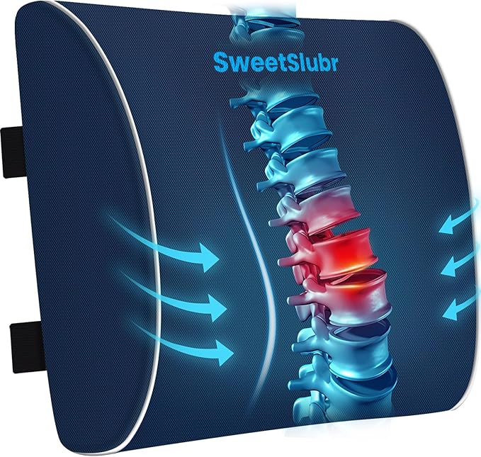 SweetSlubr Lumbar Support Pillow for Office Chair, Car Seats and Home Desks, Ergonomic Back Support with Double Adjustable Straps, Machine Washable Cover, Gray