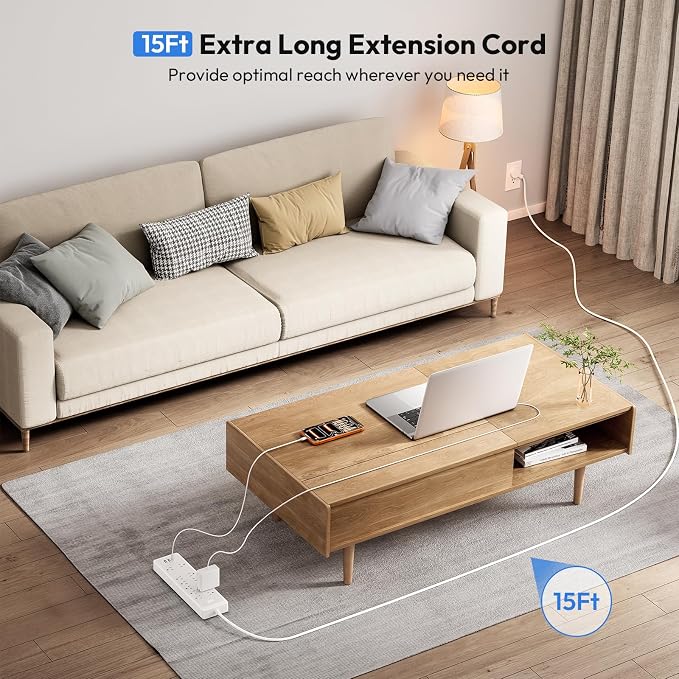 15 ft Extension Cord Flat Plug Power Strip, NTONPOWER 2100 Joules with 12 Outlet 3 USB Port, 1875W/15A, Overload Protection, Long Cord Wall Mountable for Home Office Accessories, White