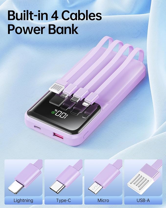 RONEGN Portable Charger with Built in Cable -20000mAh Fast Charging Power Bank USB C Slim 22.5W LED Display Battery Pack 5 Outputs & 3 Inputs for Travel Essentials iPhone Samsung Phones Purple