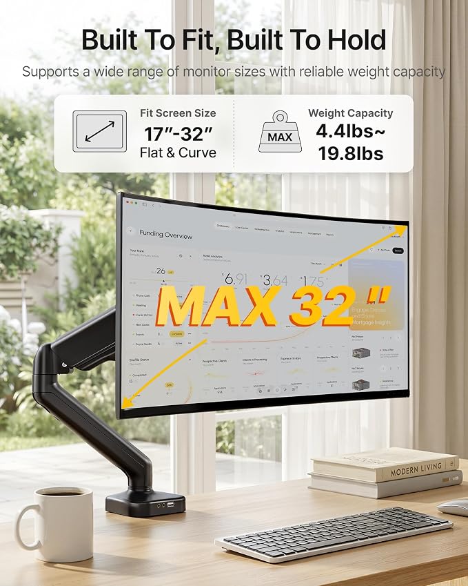 monTEK Heavy Duty Single Monitor Arm with USB/Audio Ports for 17-32” Screens, Premium Mechanical Spring Monitor Arm up to 19.8 lbs, Full Motion Monitor Desk Mount, VESA 75/100 mm, Clamp/Grommet