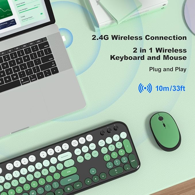 MOFII Wireless Keyboard and Mouse Combo, 2.4GHz Retro Typewriter Keyboard Full Size, Quiet Click Mouse, USB Receiver Plug and Play, for PC, Laptop, Desktop, Windows (Black Green Gradient)