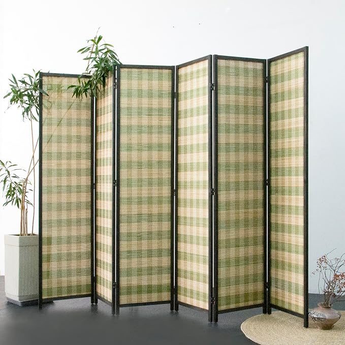 Furnnylane 6 Panel Bamboo Room Divider - 5.6 ft Tall (67" H x 94.5" W), Double-Sided Folding Privacy Screen in Green Woven Stripe, No-Drill Freestanding Partition for Home Office & Bedroom