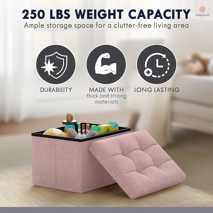 Ornavo Home Small Storage Ottoman Foldable Collapsible Rectangle Linen Ottoman Foot Rest Stool Seat, for Living Room, Bedroom, Home Office, Dorm - 12 x 16 x 12, Pink