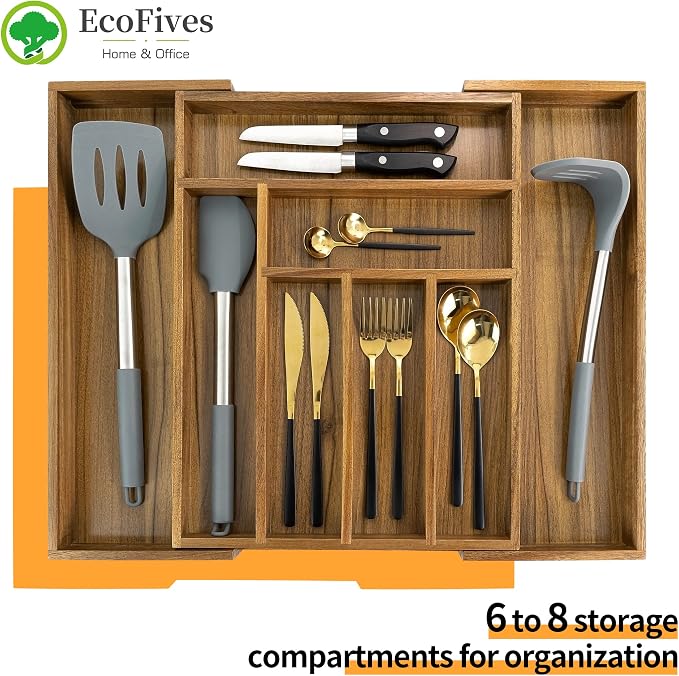 Luxury Acacia Kitchen Drawer Organizer - Silverware Organizer - Utensil Holder and Cutlery Tray with Grooved Drawer Dividers for Flatware and Kitchen Utensils (8 Slot), 17*12.4*2 inch