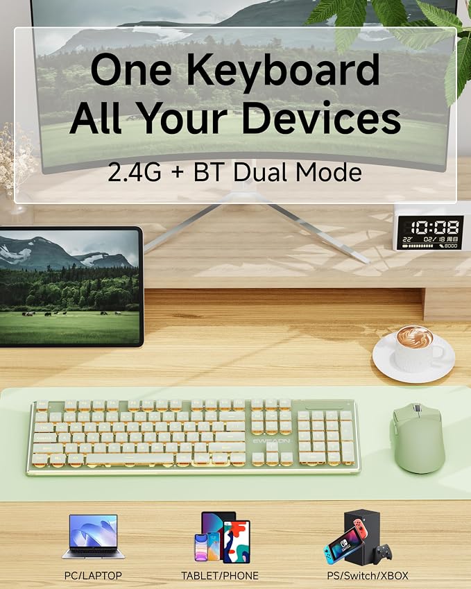 Wireless Keyboard and Mouse Combo with White Backlit Pudding Keycaps, Bluetooth & 2.4G, 2000mAh Rechargeable, Full Size, Metal Panel Quiet Computer Keyboard Set for Windows PC Desktop - Green