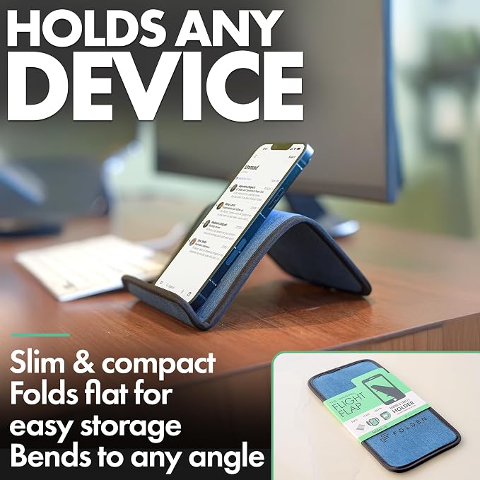 Flight Flap Airplane Phone Holder, Flexible Cell Phone Holder, Folding Cellphone Stand for Desk, Bed, Office, Treadmill - Airplane Gadgets for Long Travel Accessories - Plane Essentials (Blue Denim)