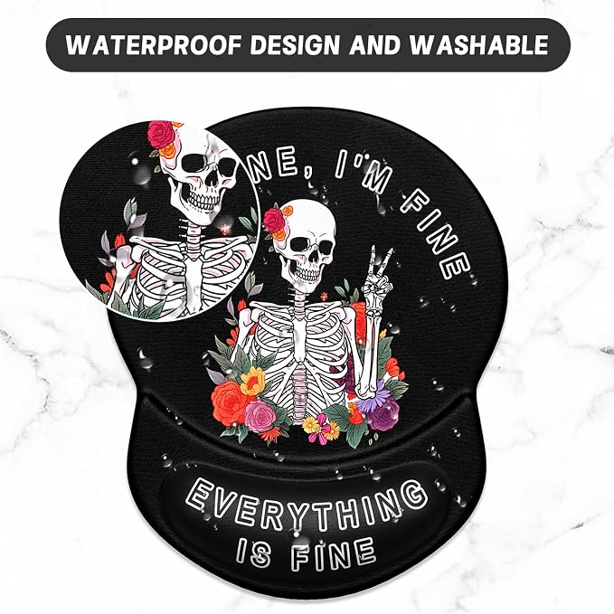 ITNRSIIET Ergonomic Mouse Pad with Gel Wrist Support Small Wrist Rest Smooth Surface Non-Slip PU Base Comfortable Office Supplies Pain Relief, 8.7 x 7.2 inches, Flower Skull