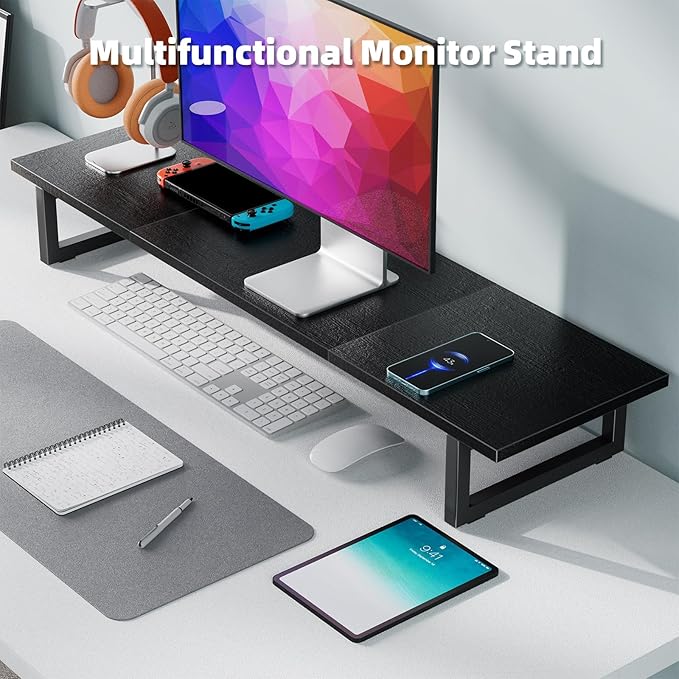 Simple Trending 38 Inch Dual Monitor Stand Riser, Wood and Steel Desktop Organizer for Home Office, Black