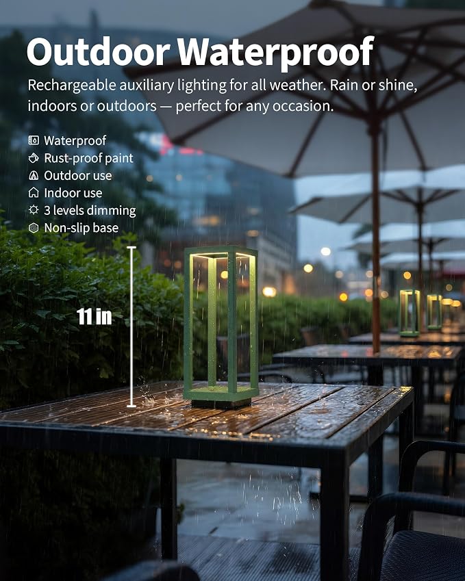 PUSU Cordless Waterproof Table Lamps Set of 2, Green Outdoor Rechargeable 4000mAh Battery Operated Desk Lamp 2700K 3-Level Dimmable, Portable LED Lighting for Patio, Camping, Bedroom, Night Light