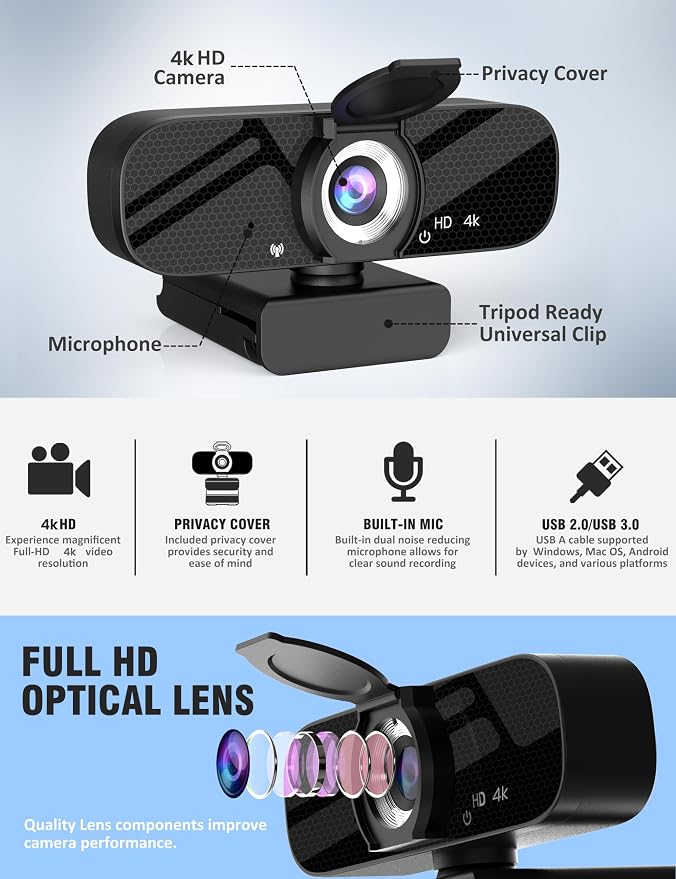 Tewiky Full HD Webcam with Built-in Microphone and Rotatable Tripod, 4K Video and Wide Angle Camera, Privacy Cover, for Desktop PC or Laptop Computer