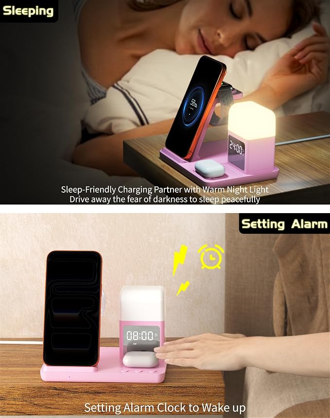 Wireless Charger for iPhone, 6in1 Fast Phone Charger Stand Dock Alarm Clock Night Light, Wireless Charging Station for Apple Watch, for Airpods 3/2/Pro, for iPhone 17/1615/14/13/12/11/Pro/Max (Pink)