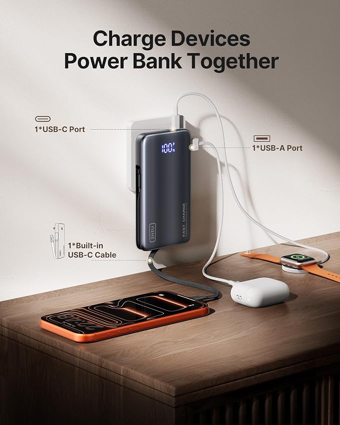 INIU Portable Charger, Ultra Small 45W Fast Charging Power Bank with Built-in AC Wall Plug, 10000mAh GaN 3-in-1 Battery Pack for Flight-Safe Travel, for iPhone 17 16, Samsung S26, iPad etc, Gray