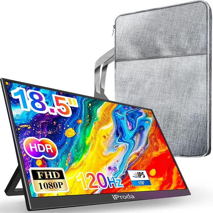 18.5" Portable Monitor 120Hz FHD 1080P, USB-C HDMI Laptop Screen Extender, Second Display for Laptop/PC/Mac/PS5/PS4/Switch, Travel Monitor with Protective Sleeve, VESA Mountable