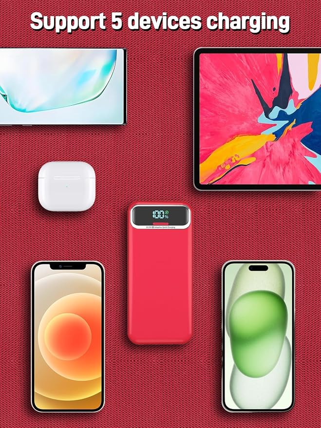 Portable Charger, 20000mAh 22.5W Fast Charging Power Bank with Built-in Cables & Wall Plug, Travel Essential External Battery Pack with LED Display, USB C Battery Phone Charger for iPhone Samsung Red
