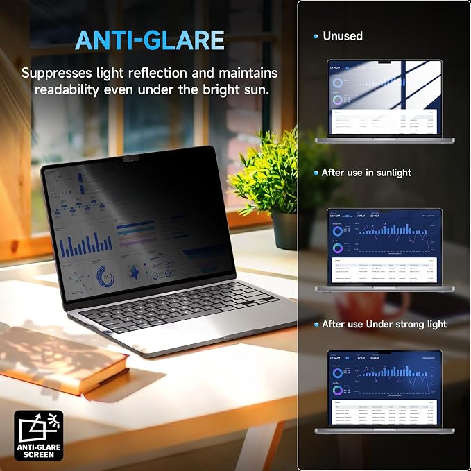 Mamol Privacy Screen for MacBook Air 15 Inch (2023-2025, M2, M3,M4)- A2941 A3114, MagicSuction™ Removable Vacuum Adsorption Anti Spy,Anti Glare Anti Blue Light Filter for Mac Laptop Computer