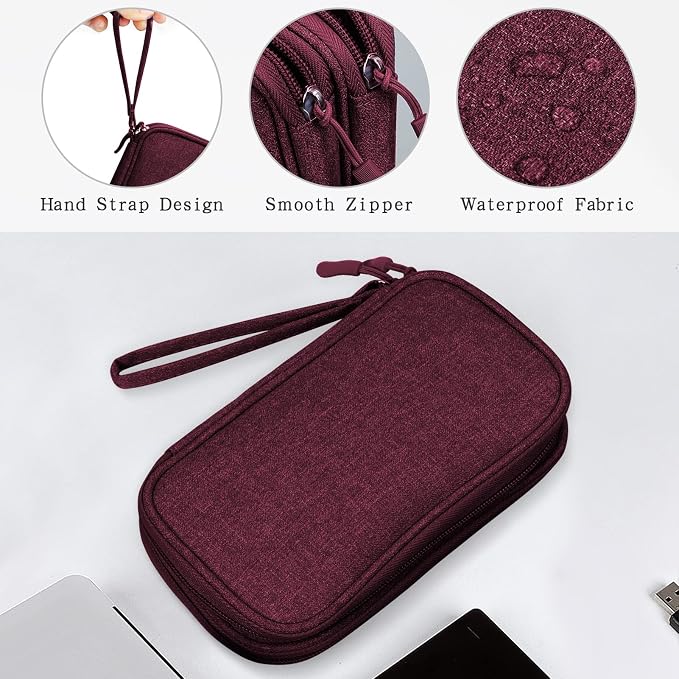 Skycase Electronic Organizer Travel Case - Waterproof Travel Cord Pouches for Organization, Cable Organizer, All-in-One Double Layers Storage Bag for Accessories, Charger, Cable, Wine Red - Large