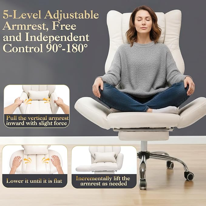High Back Executive Office Chair with Footrest, Reclining PU Leather, Lumbar Support, Criss Cross Style, 155° Recline (Beige)