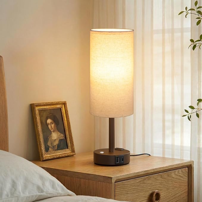 Touch Bedside Table Lamp with Memory - Stepless Dimmable Lamp for Bedroom, Small Nightstand Lamp with Dual USB Charging Ports and AC Outlet, Wood Night Light, Desk Lamp for Nursery (Beige & Brown)