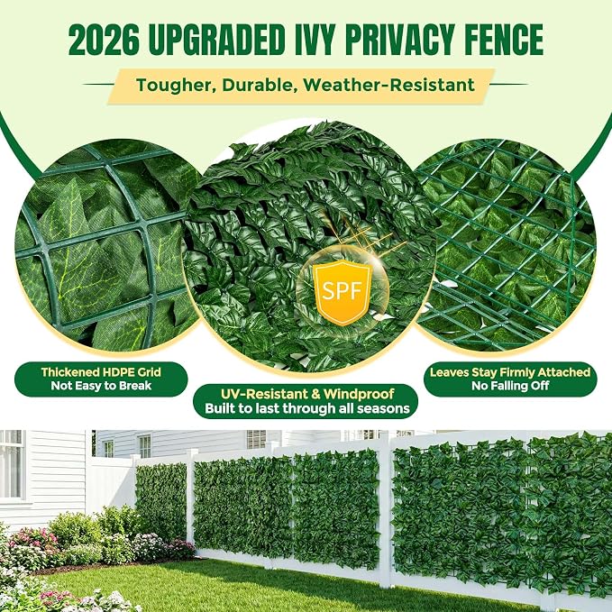 KASZOO Artificial Ivy Privacy Fence Screen - 120''(L) x 40''(W) Faux Greenery Wall Panels for Outdoor Privacy, Balcony, Patio, Backdrop, Fence Decor,Realistic Green Leaves for Wall or Garden Use