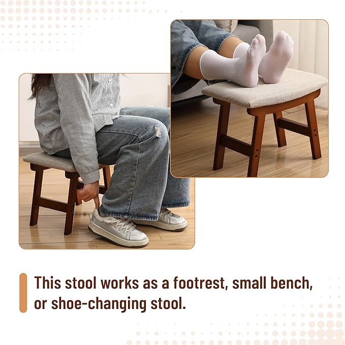 BAMBOO LAND- Bamboo Foot Stools Ottoman, Beige Cushion & Brown Wood Legs, Small Ottoman Foot Rest for Couch