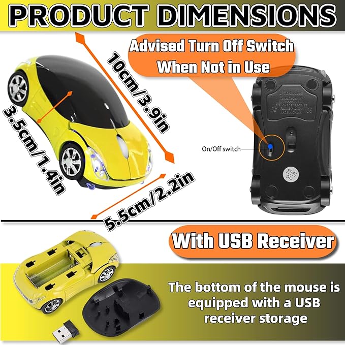 HuGuWdy Yellow Cute Wireless Mouse，2.4G with USB Reciver 1600DPI Car Mouse for Computer Wireless for Laptop Computer Tablet for Windows for Mac OS for Christmas（Yellow）