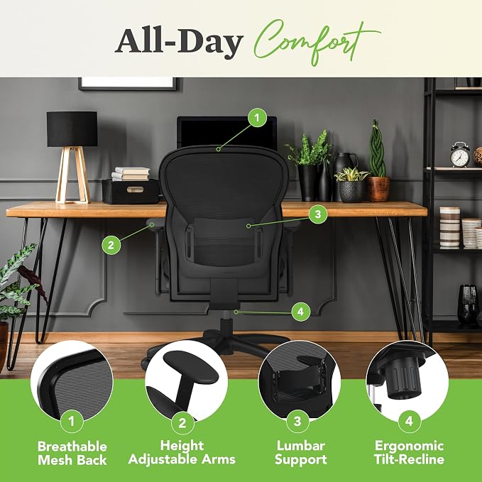 HON Wave High Back Ergonomic Office Chair with Leather Seat and Breathable Mesh Back, Adjustable Arms, Synchro‑Tilt Recline and Swivel Wheels for Desk and Computer Use, Black