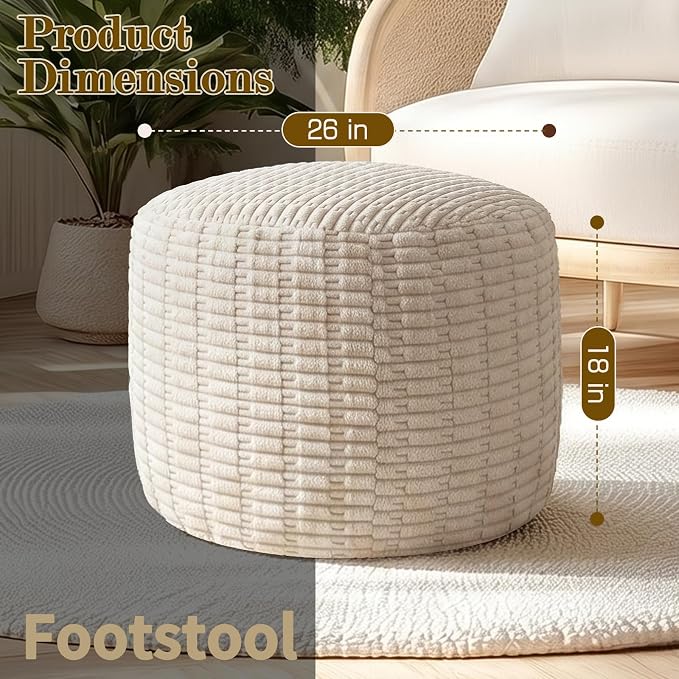 Round Corduroy Ottoman Foot Rest Pouf for Living Room Couch - Soft Plush Shredded Foam Filled Hassock Stool, Comfy Footstool for Adults (Cream - Chunky Corduroy, 26 INCH×18 INCH)