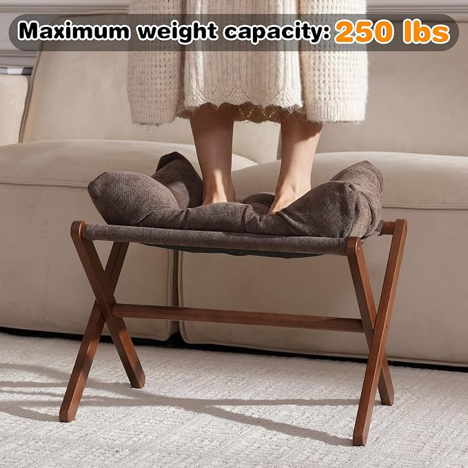 Baveke Ottoman Foot Rest- Bamboo Folding Stool, Foot Stools Small Ottman with Upholstered & X Legs, Foldable Stool for Makeup, Bedroom and Living Room (Large Brown)