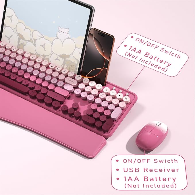 MPTOG Colorful Wireless Computer Keyboard and Mouse Combo with Phone Holder, Wrist Rest, Typewriter Keys, 2.4GHz Wireless, Full-Sized Optical Mouse for PC and Laptop(Rose-Red Colorful)