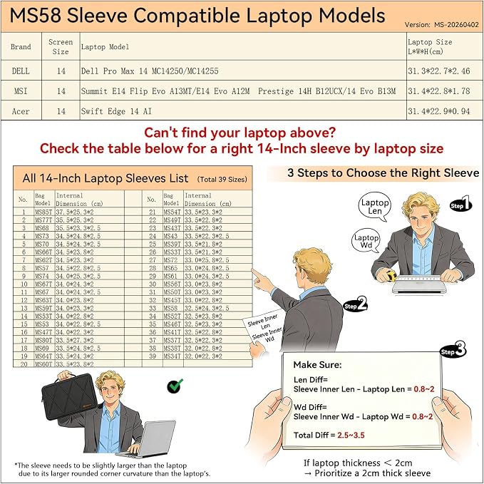 Smatree MS58 Hard Protective 14 inch Laptop Sleeve Case Compatible for DELL Pro Max 14, for MSI Summit E14 Flip Evo/Summit E14 Evo, for Prestige 14H/14 Evo
