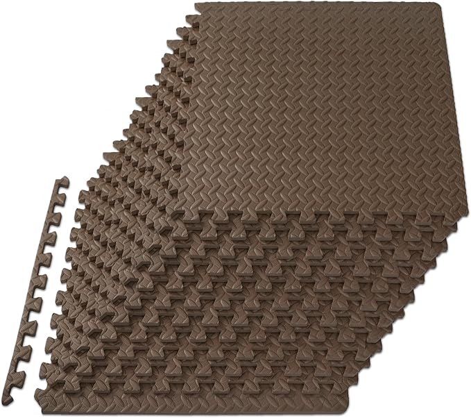 ProsourceFit Exercise Puzzle Mat ½-inch, EVA Interlocking Foam Floor Tiles for Home Gym, Workout Equipment, Kids Play Areas, Brown, 48 Sq Ft - 12 Tiles