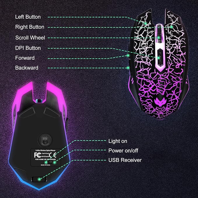 Wireless Gaming Mouse, Rechargeable Wireless Computer Mouse, 7-Color LED Light, Ergonomic Mouse with 6 Silent Click Buttons, 3 Adjustable 2400 DPI Wireless Mouse for Laptop,PC,Mac, Black