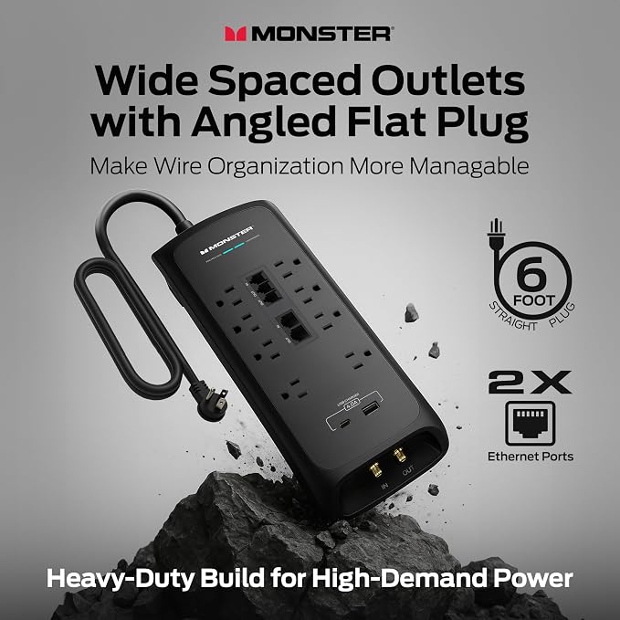 Monster Power Surge Protector w/ 4,050 Jules Rating — Heavy Duty Power Strips with Surge Protection, 8 Outlets, USB-A & USB-C, 2 Coax, 5 Ethernet Ports, Fireproof MOV, Dual Mode (6FT Cord, Black)