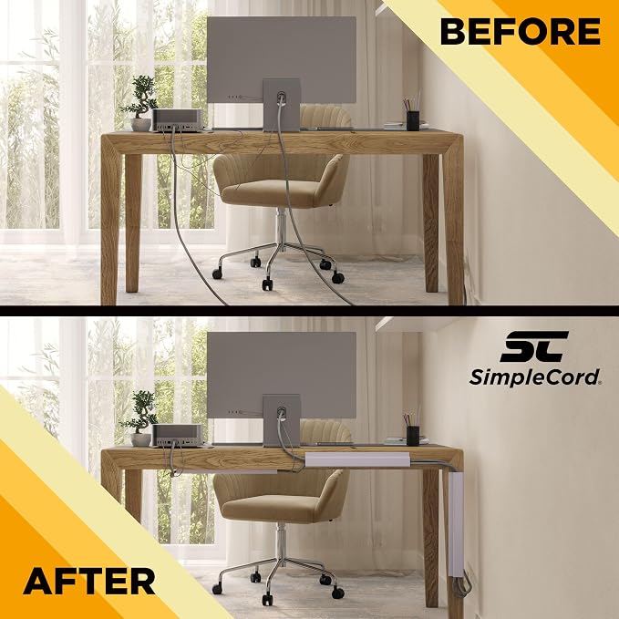 Simple Cord 5 Pack of 16-Inch J Channel Cable Management Under Desk - Easy to Install Adhesive Mount Cord Organizer for Desk, Home Office, No-Drill Wall Cable Organizer (White)