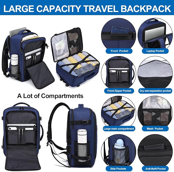 Travel Backpack for Men,Carry On Backpack with Shoe Pouch, TSA 15.6" Laptop Back Pack Flight Approved, College Gym Bag Casual Daypack for Weekender Business Hiking,Bookbag Travel Essentials,Blue