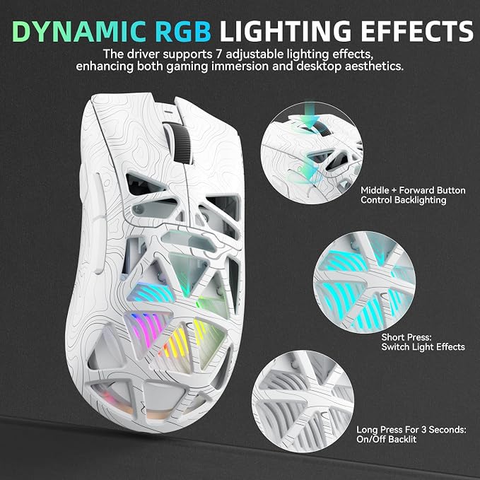 Aula SC620 Wireless Gaming Mouse, Tri-Mode 2.4GHz/USB-C/BT5.3 Computer Mouse with 12000 DPI, Programmable Macro Gamer Mouse with Rapid Fire Key, RGB Light Gaming Mice for PC/Laptop/Mac (Line White)