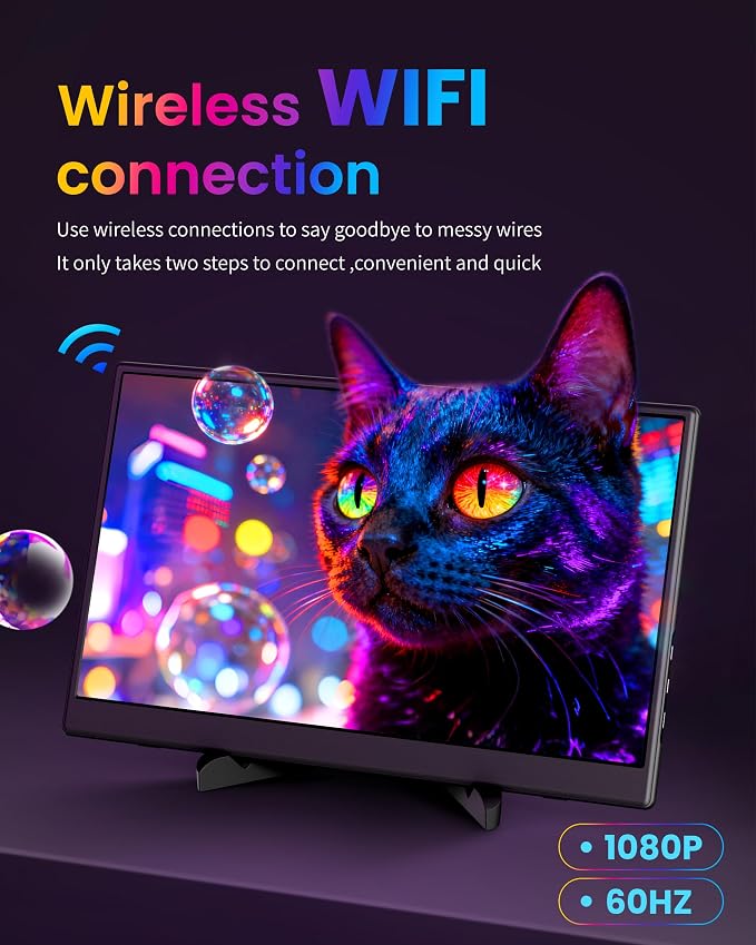 Portable Monitor 15.6 inch, Wireless Portable Monitor Support AirPlay Miracast, 1080P IPS Ultra Slim Travel Monitor with USB-C HDMI /VESA/Sleeve, External Monitor for Laptop/ PS4/5/Switch/Mac /Phone