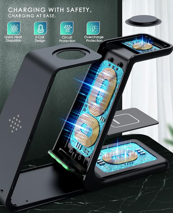 3 in 1 Wireless Charging Station, 2026 Upgraded Fast Desk Charger Station for iPhone 17 16 15 14 13 12 Pro Max Plus, Charger Stand for Apple Watch 10 9 8 7 6 5 4 3 2 SE, Airpods 4 3 2 Pro(Black)