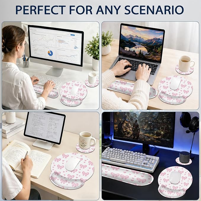 Cute Bow Wrist Rest Mouse Pad and Keyboard Support Set,Pink Heart 3 in 1 Ergonomic Memory Foam Mousepad with Non Slip Base, Gaming Mouse Pad for Office and Home