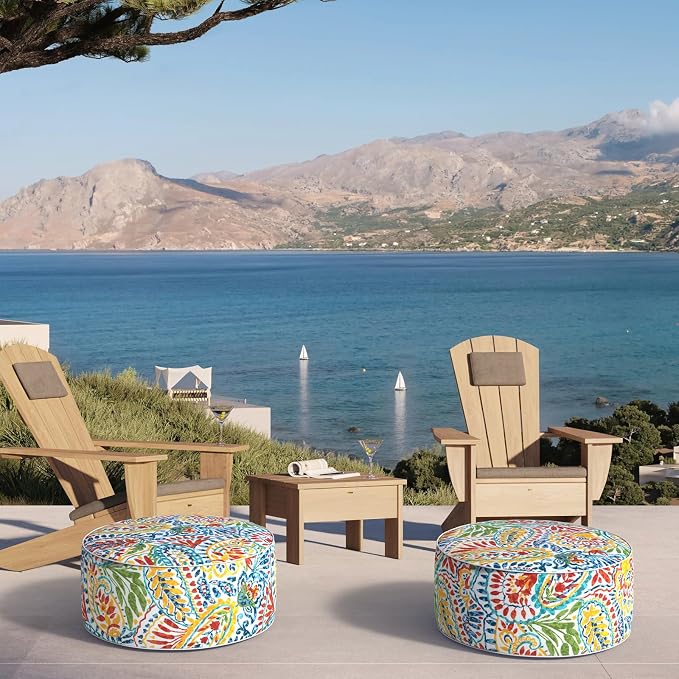 DYTXIII Inflatable Ottoman Stool D21 xH9 for Outdoor/Indoor Use, Water Repellent Patio Foot Rest Stool with Portable Handle,Round Pouf Ottoman Suitable for Garden,Deck and Camping - Paisley Multi