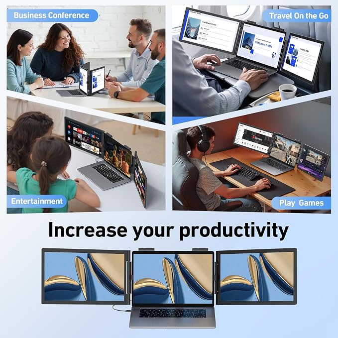 Laptop Screen Extender, 14’’ FHD 1080P Triple Portable Monitor for Laptop with Ultra-Slim IPS Display, USB-C Plug and Play Multi Screen Attachment for 14"-15.6" Laptops