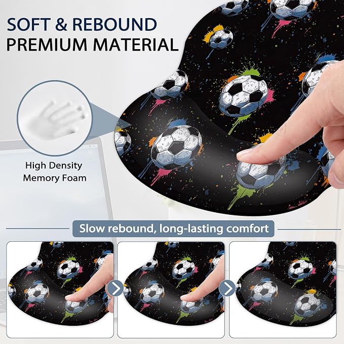 Soccer Keyboard Wrist Rest Pad Ergonomic Mouse Pad Set,3 in 1 Memory Foam Mouse Pad with Non Slip Base for Office and Home