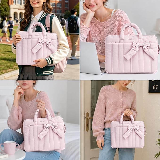 MOSISO Laptop Case 13.3 inch, 13-13.3 inch Puffy Laptop Sleeve Compatible with MacBook Neo/Air 13.6 M5 M4 M3 M2 M1/Pro 13/14, HP Dell ASUS Lenovo, Rectangle Quilted Carrying Bag with Bow&Handle, Pink