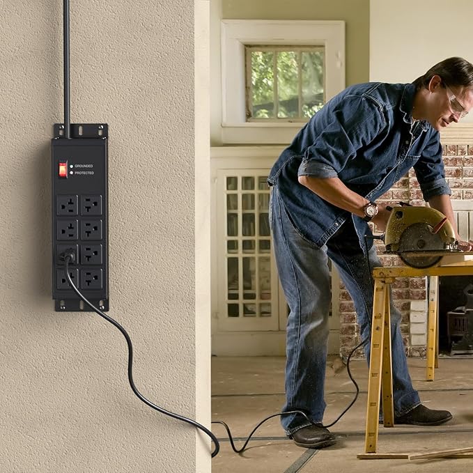 JUNNUJ Heavy Duty Surge Protector Power Strip 4800J, Garage Metal 8 Outlets 20 Amp 12 Gauge, High Amp 5-15P Adapter Shop 6-20R T-Slot Industrial Outlet, 15 FT Extension Cord Commercial for Appliance