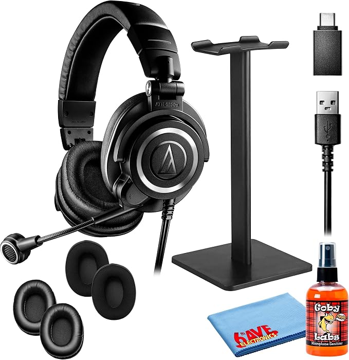 Audio-Technica ATH-M50xSTS-USB StreamSet Headset with USB Connector with Headphone Stand & Goby Labs Headphone Cleaner w/Cloth