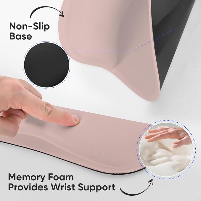 RICHEN Wrist Rest Support for Mouse Pad&Keyboard Set with Coaster,Concave Curved Memory Foam, Non-Slip Base Pain Relief Comfortable Easy Typing Pad for Home/Office (Lycra Pink)