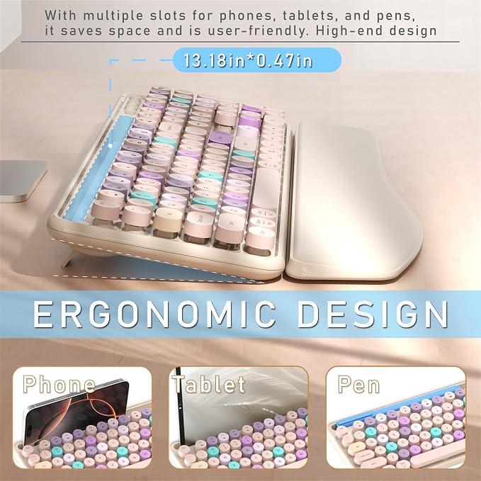 MPTOG Colorful Wireless Computer Keyboard and Mouse Combo with Phone Holder, Wrist Rest, Typewriter Keys, 2.4GHz Wireless, Full-Sized Optical Mouse for PC and Laptop (Khaki)