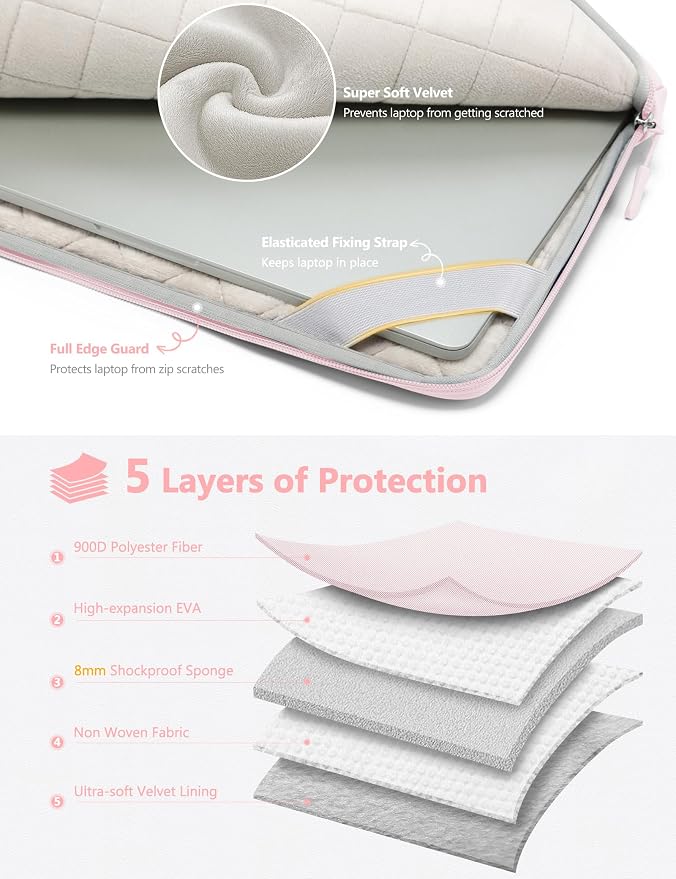 HYZUO 15-16 Inch Laptop Bag Sleeve for MacBook Pro 16 M5 M4 M3 M2 M1 Pro/Max A3428 A3429 2026-2019, 15" Surface Book, Notebook Case for 15" 15.6" Dell HP Lenovo Asus Acer Samsung, Pale Pink